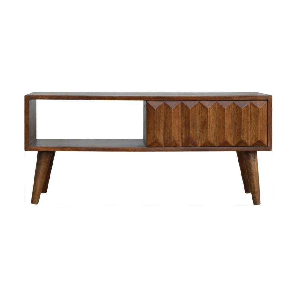 Chestnut Prism media unit with hand-carved sliding door and open slot on Nordic-style legs