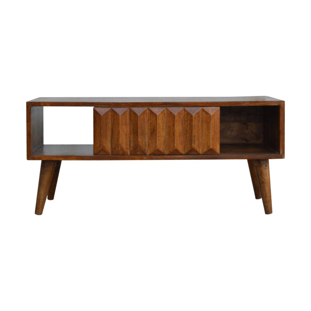 Chestnut Prism media unit with hand-carved sliding door and open slot on Nordic-style legs