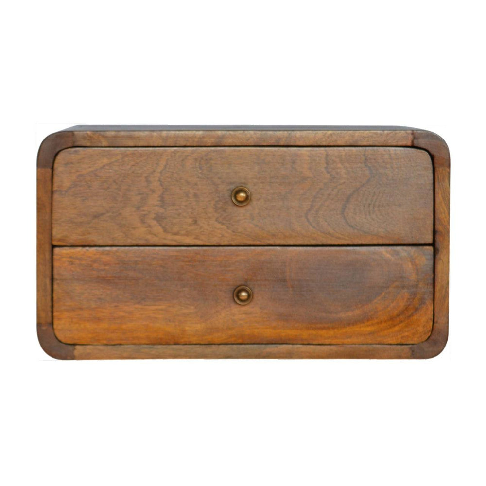 Floating curved chestnut bedside wall-mounted unit with two drawers and shiny knobs made of solid mango wood