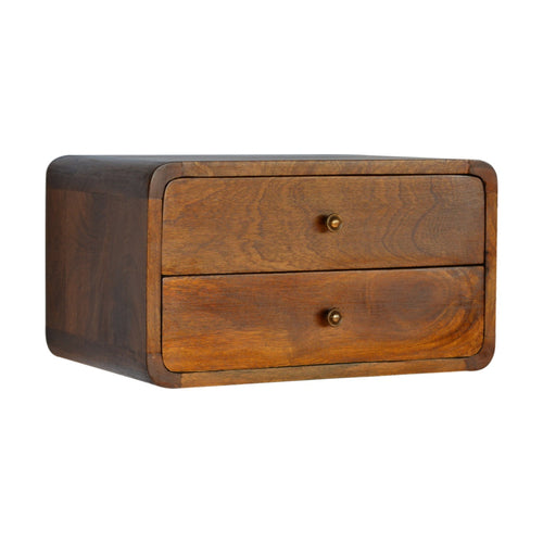 Floating curved chestnut bedside wall-mounted unit with two drawers and shiny knobs made of solid mango wood