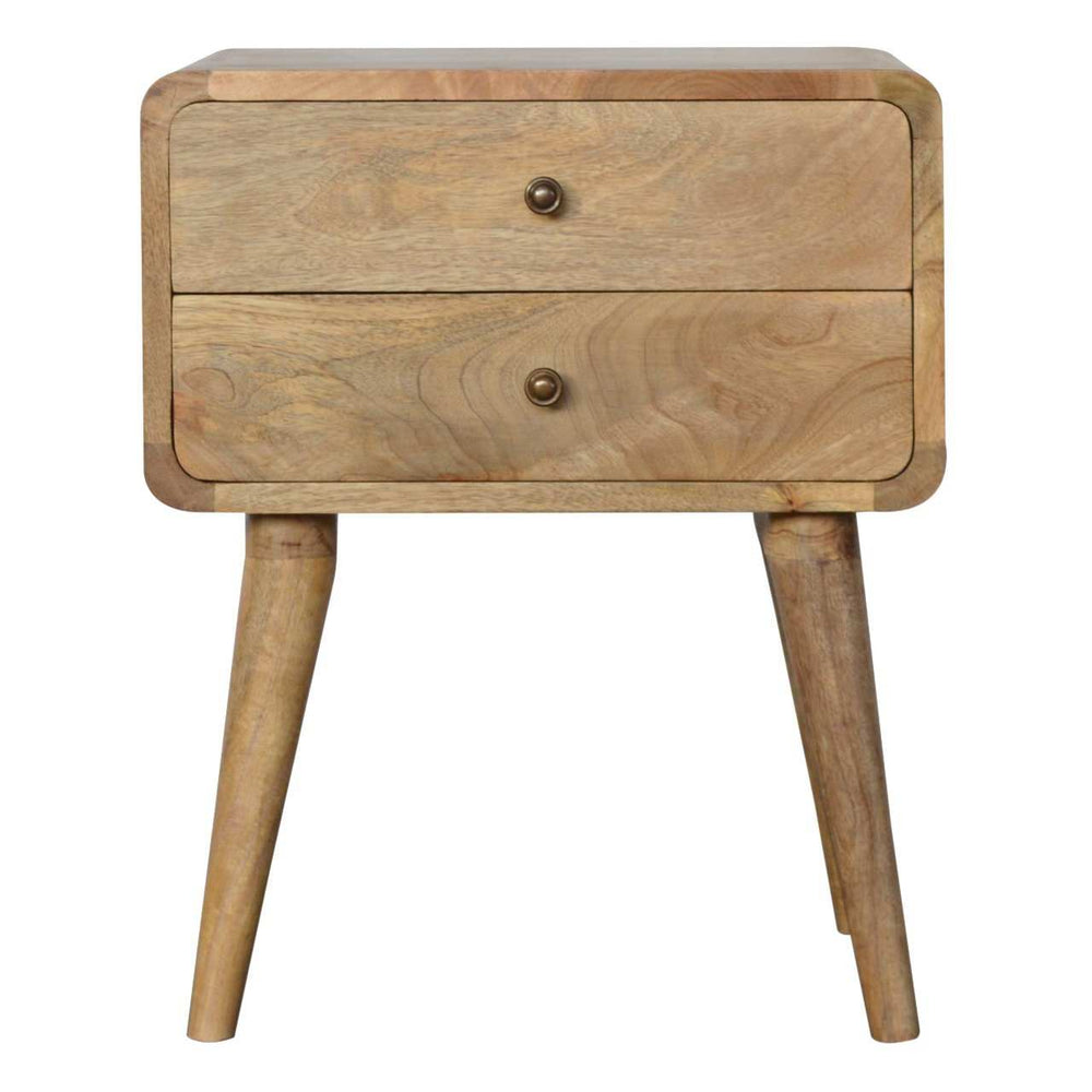 Curved Oak-ish Bedside table with two drawers, solid mango wood, Nordic-style legs