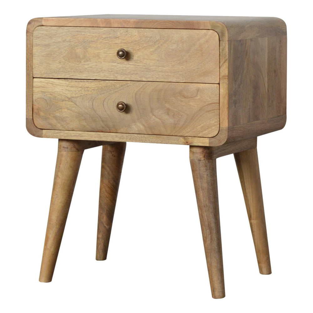 Curved Oak-ish Bedside table with two drawers, solid mango wood, Nordic-style legs