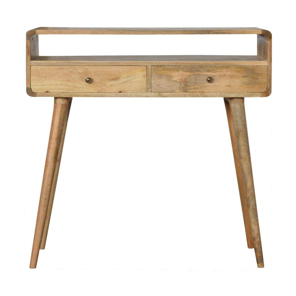 Curved oak-ish console table with two drawers, open slot, and Scandinavian style legs made of solid mango wood