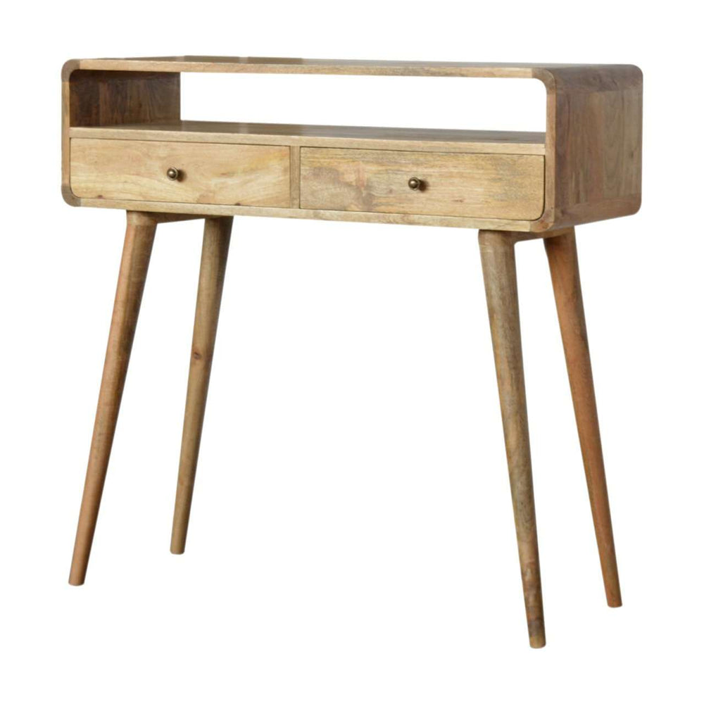 Curved oak-ish console table with two drawers, open slot, and Scandinavian style legs made of solid mango wood