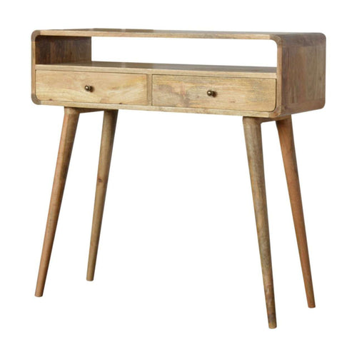 Curved oak-ish console table with two drawers, open slot, and Scandinavian style legs made of solid mango wood