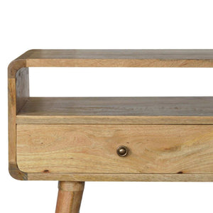 Curved wooden console table with open storage compartment
