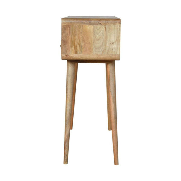 Solid mango wood curved console table with oak-ish finish