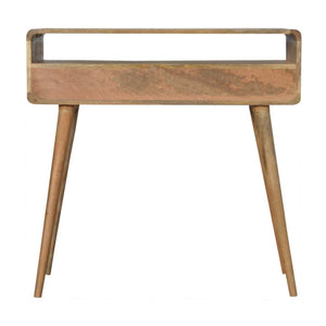 Curved oak-ish console table with two drawers and open storage slot