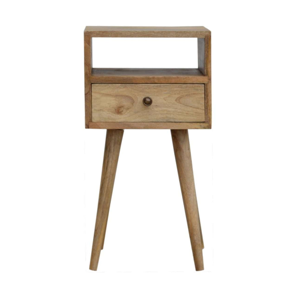 Mini Oak-ish Bedside made of solid mango wood with oak finish, featuring a small drawer and Scandinavian style legs