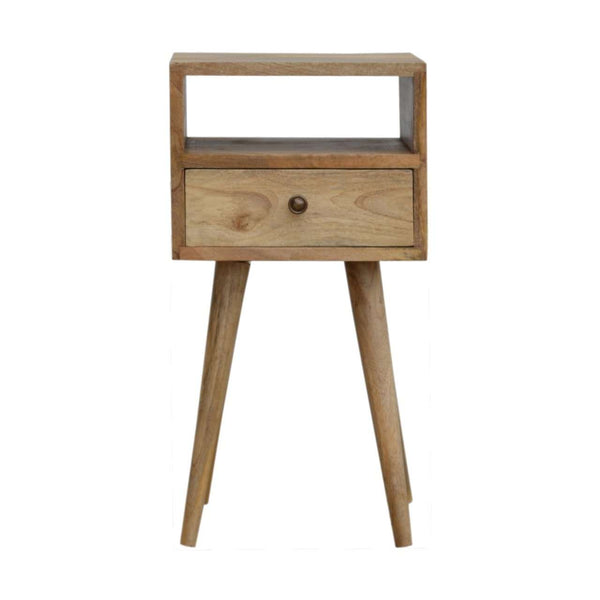 Mini mango wood nightstand with drawer and four wooden legs