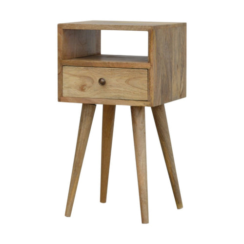 Mini Oak-ish Bedside made of solid mango wood with oak finish, featuring a small drawer and Scandinavian style legs