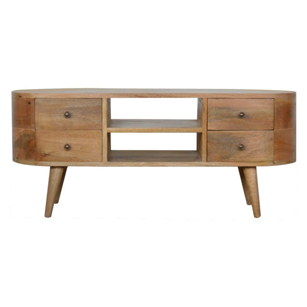 Rounded entertainment unit made of solid mango wood with rounded edges, 2 open slots, 4 drawers, and Nordic style legs in oak finish