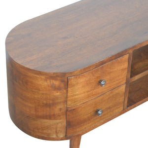 Rounded chestnut entertainment unit with Nordic-style legs