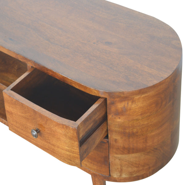 Chestnut mango wood TV unit with four storage drawers
