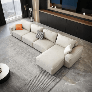 R67 Anselm Four Seater Corner Sofa 360 cm – Modern Leathaire Upholstered Sectional Sofa with High Density Sponge, Contemporary Large L-Shaped Living Room Sofa, Beige - Sleek Furniture