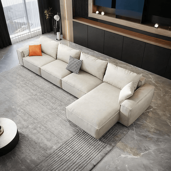 R67 Anselm Four Seater Corner Sofa 360 cm – Modern Leathaire Upholstered Sectional Sofa with High Density Sponge, Contemporary Large L-Shaped Living Room Sofa, Beige - Sleek Furniture