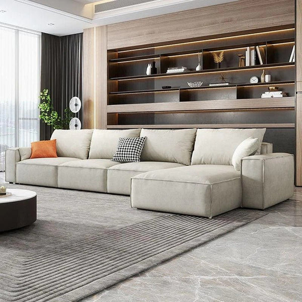 R67 Anselm Four Seater Corner Sofa 360 cm – Modern Leathaire Upholstered Sectional Sofa with High Density Sponge, Contemporary Large L-Shaped Living Room Sofa, Beige - Sleek Furniture
