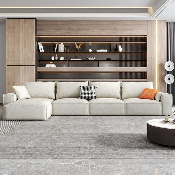 R67 Anselm Four Seater Corner Sofa 360 cm – Modern Leathaire Upholstered Sectional Sofa with High Density Sponge, Contemporary Large L-Shaped Living Room Sofa, Beige - Sleek Furniture