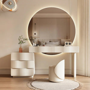 Radcliffe Cream Dressing Table with Large LED Mirror & Stool – Modern Makeup Vanity Table Set with Storage, Solid Wood Frame - Sleek Furniture