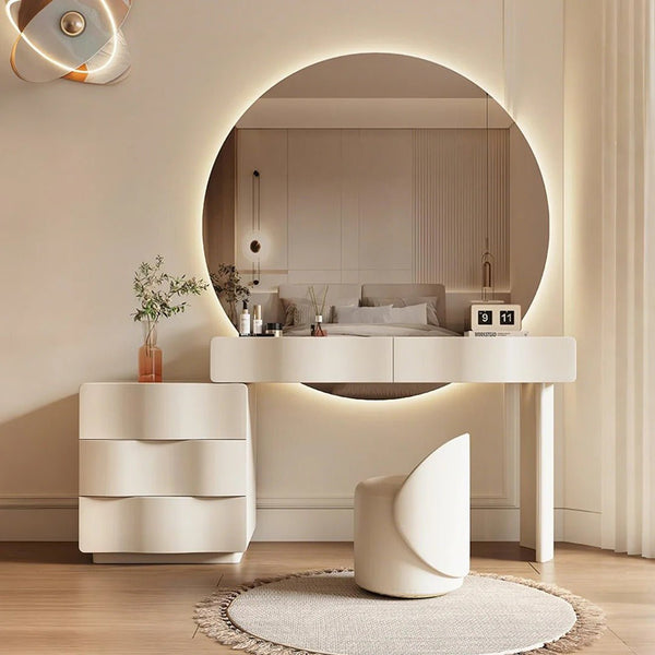 Radcliffe Cream Dressing Table with Large LED Mirror & Stool – Modern Makeup Vanity Table Set with Storage, Solid Wood Frame - Sleek Furniture