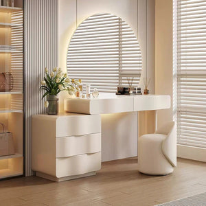 Radcliffe Cream Dressing Table with Large LED Mirror & Stool – Modern Makeup Vanity Table Set with Storage, Solid Wood Frame - Sleek Furniture