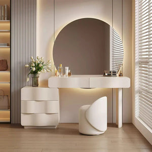 Radcliffe Cream Dressing Table with Large LED Mirror & Stool – Modern Makeup Vanity Table Set with Storage, Solid Wood Frame - Sleek Furniture
