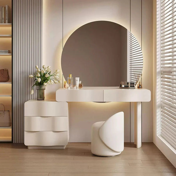 Radcliffe Cream Dressing Table with Large LED Mirror & Stool – Modern Makeup Vanity Table Set with Storage, Solid Wood Frame - Sleek Furniture