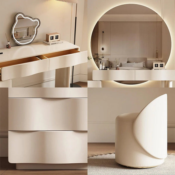 Radcliffe Cream Dressing Table with Large LED Mirror & Stool – Modern Makeup Vanity Table Set with Storage, Solid Wood Frame - Sleek Furniture