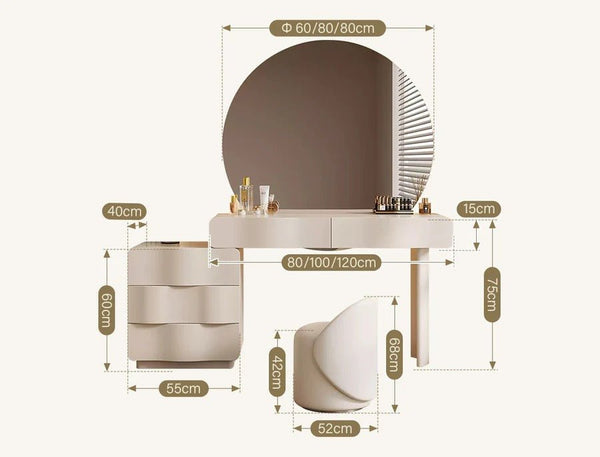 Radcliffe Cream Dressing Table with Large LED Mirror & Stool – Modern Makeup Vanity Table Set with Storage, Solid Wood Frame - Sleek Furniture