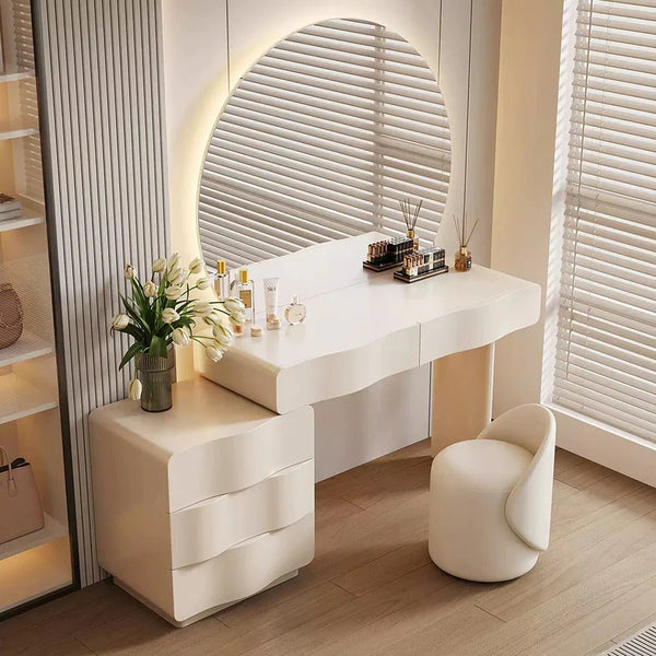 Radcliffe Cream Dressing Table with Large LED Mirror & Stool – Modern Makeup Vanity Table Set with Storage, Solid Wood Frame - Sleek Furniture