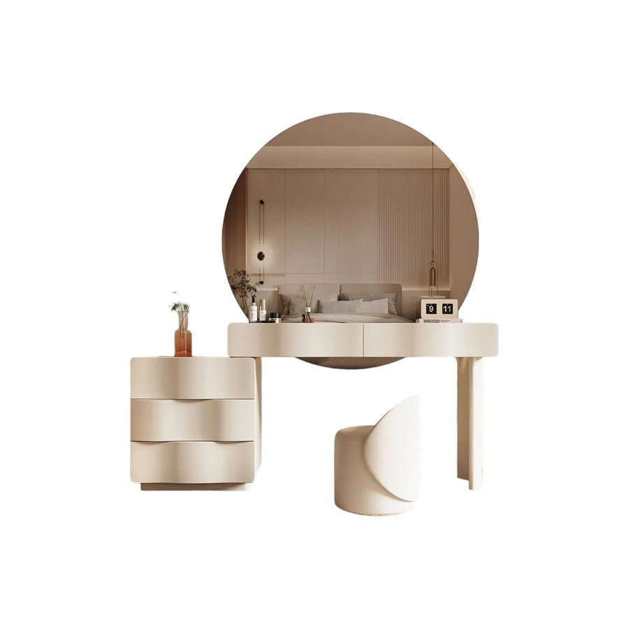 Radcliffe Cream Dressing Table with Large LED Mirror & Stool – Modern Makeup Vanity Table Set with Storage, Solid Wood Frame - Sleek Furniture