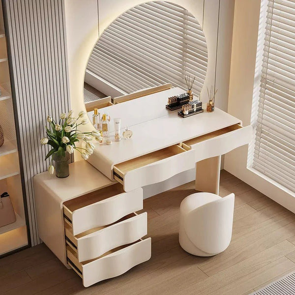 Radcliffe Cream Dressing Table with Large LED Mirror & Stool – Modern Makeup Vanity Table Set with Storage, Solid Wood Frame - Sleek Furniture