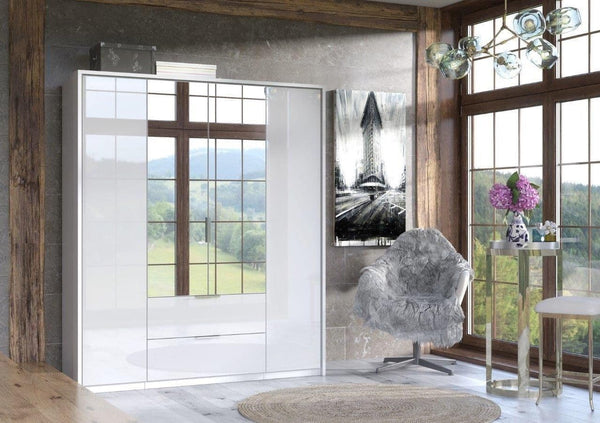 Rado 4 Door 2 Drawer White High Gloss Mirrored Wardrobe with Shelves & Hanging Rails – 164cm Wide Modern Bedroom Storage - My Store