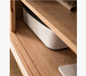 Randal Cane TV Stand, Natural Rattan & Ash Wood Media Unit, Cherry Finish Modern TV Cabinet with Storage Shelves for Living Room - Sleek Furniture