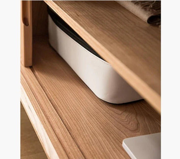 Randal Cane TV Stand, Natural Rattan & Ash Wood Media Unit, Cherry Finish Modern TV Cabinet with Storage Shelves for Living Room - Sleek Furniture
