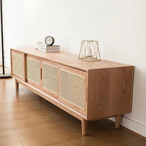 Randal Cane TV Stand, Natural Rattan & Ash Wood Media Unit, Cherry Finish Modern TV Cabinet with Storage Shelves for Living Room - Sleek Furniture