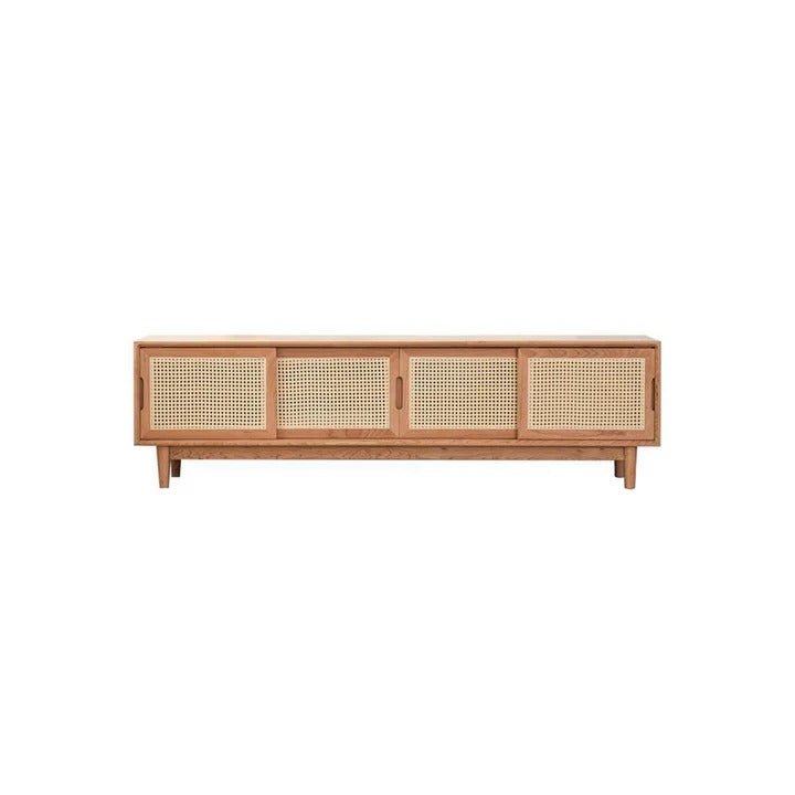 Randal Cane TV Stand, Natural Rattan & Ash Wood Media Unit, Cherry Finish Modern TV Cabinet with Storage Shelves for Living Room - Sleek Furniture