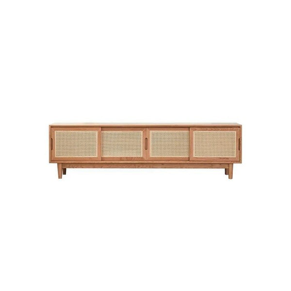Randal Cane TV Stand, Natural Rattan & Ash Wood Media Unit, Cherry Finish Modern TV Cabinet with Storage Shelves for Living Room - Sleek Furniture
