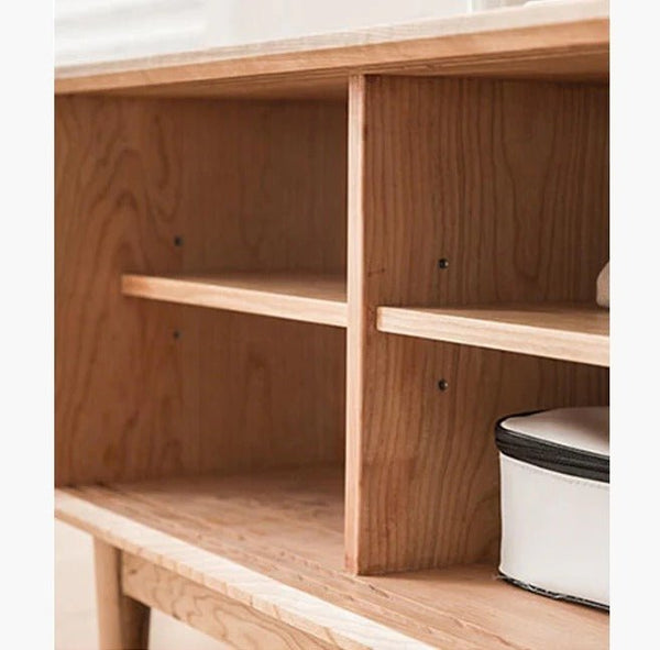 Randal Cane TV Stand, Natural Rattan & Ash Wood Media Unit, Cherry Finish Modern TV Cabinet with Storage Shelves for Living Room - Sleek Furniture