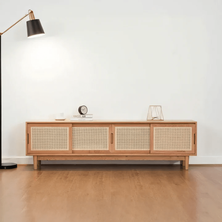 Randal Cane TV Stand, Natural Rattan & Ash Wood Media Unit, Cherry Finish Modern TV Cabinet with Storage Shelves for Living Room - Sleek Furniture