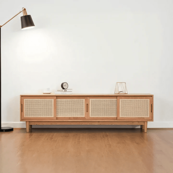 Randal Cane TV Stand, Natural Rattan & Ash Wood Media Unit, Cherry Finish Modern TV Cabinet with Storage Shelves for Living Room - Sleek Furniture