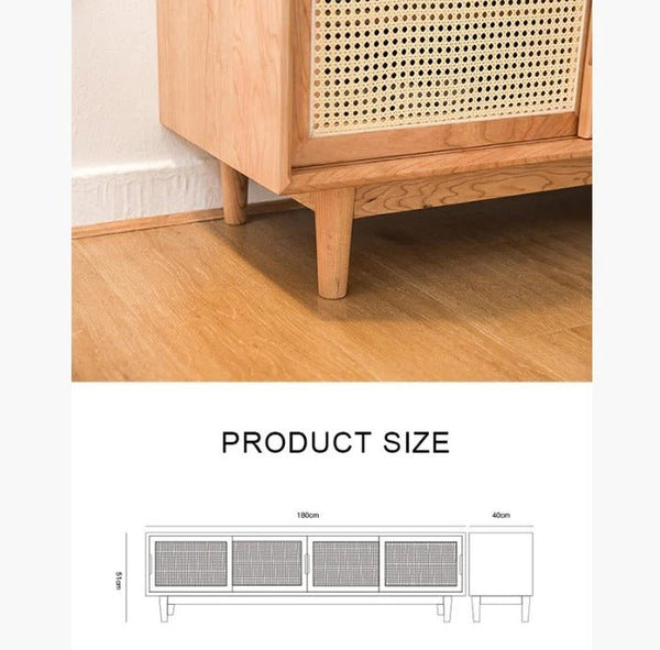 Randal Cane TV Stand, Natural Rattan & Ash Wood Media Unit, Cherry Finish Modern TV Cabinet with Storage Shelves for Living Room - Sleek Furniture