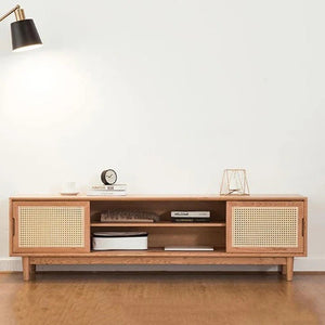 Randal Cane TV Stand, Natural Rattan & Ash Wood Media Unit, Cherry Finish Modern TV Cabinet with Storage Shelves for Living Room - Sleek Furniture