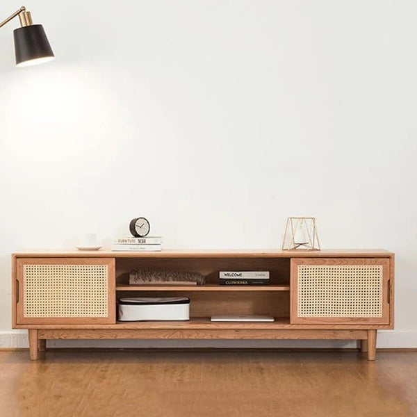 Randal Cane TV Stand, Natural Rattan & Ash Wood Media Unit, Cherry Finish Modern TV Cabinet with Storage Shelves for Living Room - Sleek Furniture
