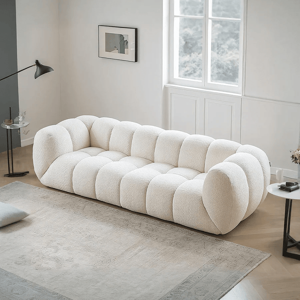 Randee BoBo Three Seater Sofa – Luxury White Boucle Cloud Sofa, Modern Contemporary 3-Seater Couch with High Density Sponge Cushion, Minimalist Living Room Sofa (250 x 100 x 67 cm) - Sleek Furniture