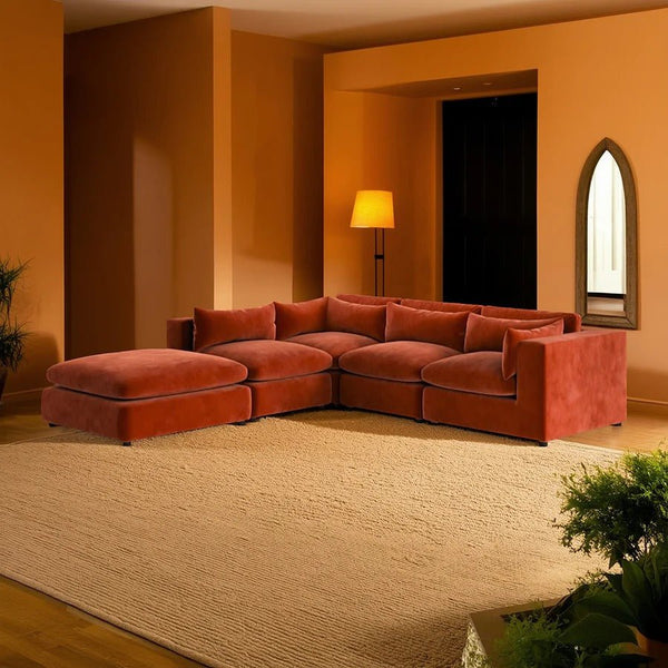 Ranjan Three Seater Corner Sofa | Luxurious Velvet L-Shaped Sofa – Modern Contemporary Design (Burnt Orange) - Sleek Furniture