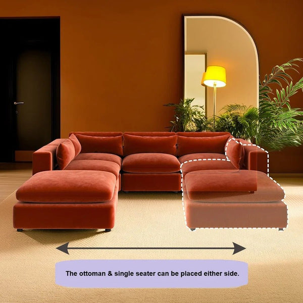 Ranjan Three Seater Corner Sofa | Luxurious Velvet L-Shaped Sofa – Modern Contemporary Design (Burnt Orange) - Sleek Furniture
