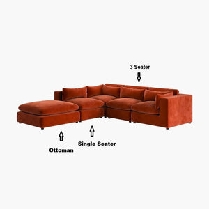 Ranjan Three Seater Corner Sofa | Luxurious Velvet L-Shaped Sofa – Modern Contemporary Design (Burnt Orange) - Sleek Furniture