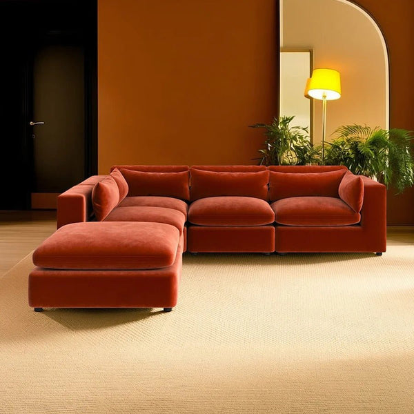 Ranjan Three Seater Corner Sofa | Luxurious Velvet L-Shaped Sofa – Modern Contemporary Design (Burnt Orange) - Sleek Furniture