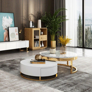 Regalia Coffee Table Set – Contemporary White & Gold Sintered Stone Top with Painted Steel Frame & Wooden Base, Modern Living Room Center Tables - Sleek Furniture